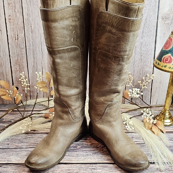 Frye Shoes - FRYE PAIGE TAUPE LEATHER TALL RIDING BOOTS